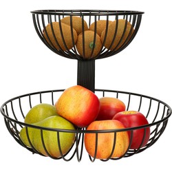 2-laags fruitschaal/fruitmand rond zwart metaal 32 cm - Fruitschalen