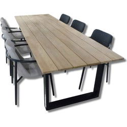 Tuinset Kaihou tafel black, teak 300x100 cm met 4 stoelen Youkou stoel black, flax beige - black, mixed grey