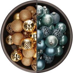 74x stuks kunststof kerstballen mix van goud en ijsblauw 6 cm - Kerstbal