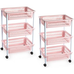 2x stuks opberg organiser trolleys/roltafels met 3 manden 62 cm in het oud roze - Opberg trolley