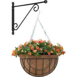 Hanging basket met muurhaak sierkrul groen en kokos inlegvel - metaal - complete hanging basket set - Plantenbakken