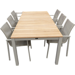Set van Arashi tafel 220x90x76 cm salix/teak en 6 Ishi stoelen salix