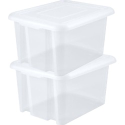 2x stuks kunststof opbergboxen/opbergdozen wit transparant L65 x B50 x H36 cm stapelbaar - Opbergbox