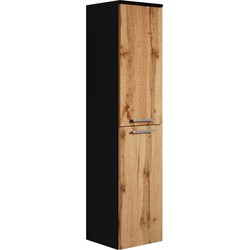Badplaats Badkamerkast Saturnus 35 x 35 x 130 cm - Eiken met Zwart - Hangende Kolomkast met Twee Deuren