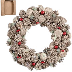 House of Seasons Kerstkrans Denn - 50x50x10 cm - Dennenappel - Wit