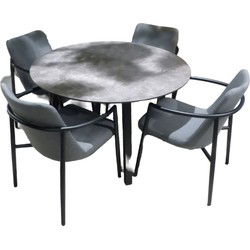 Tuinset Teeburu tafel black, concrete dia. 120 cm met 4 stoelen Youkou stoel black, panther black