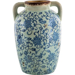 Clayre & Eef Vaas  16x15x24 cm Blauw Bruin Keramiek Rond Bloemen Decoratie Vaas