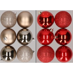 12x stuks kunststof kerstballen mix van champagne en rood 8 cm - Kerstbal