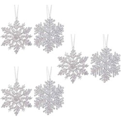 6x Zilveren sneeuwvlok/ijsster kerstornamenten kerst hangers 12 cm met glitters - Kersthangers