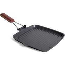 San Ignacio grillpan/koekenpan - anti aanbaklaag - houten handvat - 26 x 26 x 6 cm - zwart - Grilpannen