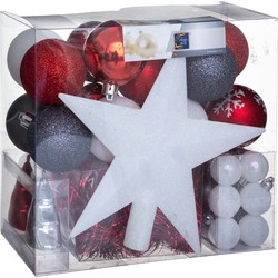 Set van 43x stuks kunststof kerstballen met ster piek rood/wit/grijs mix - Kerstbal