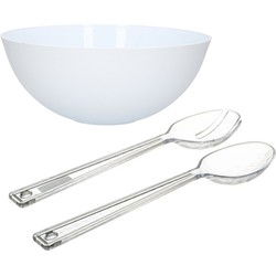 Salade serveer schaal - wit - kunststof - Dia 25 cm - inclusief sla couvert/bestek - Serveerschalen