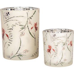 Clayre & Eef Theelichthouder Set van 2 Ø 7x8 / 10x13 cm Beige Glas Bloemen