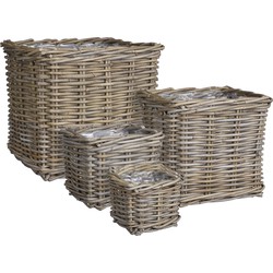 Mica Decorations Marcia Plantenmand Buiten - Set van 4 - L33 x B33 x H30 cm - Rotan - Grijs