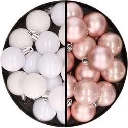 36x stuks kunststof kerstballen wit en lichtroze 3 en 4 cm - Kerstbal