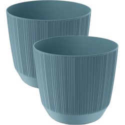 2x stuks moderne carf-stripe plantenpot/bloempot kunststof dia 17 cm/hoogte 15 cm stone blauw - Plantenpotten