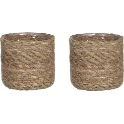 2x stuks naturel bruin rotan planten pot mand van gedraaid jute/riet H12 en D12 cm - Plantenpotten