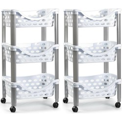 Set van 2x keukentrolley/roltafel 3 laags kunststof wit 40 x 65 cm - Opberg trolley