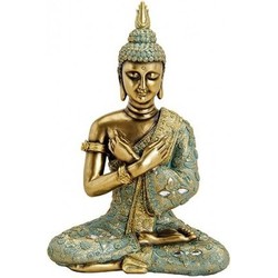 Woondecoratie Boeddha beeldje goud/groen 33 cm - Tuinbeelden