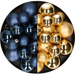 Kerstversiering kunststof kerstballen mix donkerblauw/goud 6-8-10 cm pakket van 44x stuks - Kerstbal