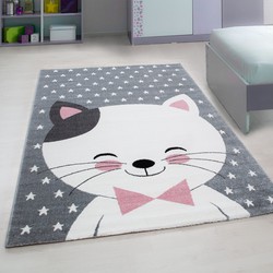 Tapijtenloods Kids Poesje Vloerkleed Kinderkamer Grijs / Roze Laagpolig- 80x150 CM