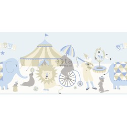 ESTAhome behangrand circus figuren lichtblauw. beige en wit