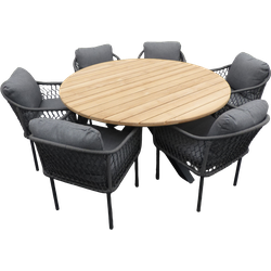 Set van Noas low dining table dia. 150 cm alu bronze/teak en 6 Rocha dining chairs alu dark grey/rope dark grey/mixed grey AW
