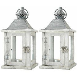 Houten Lantaarn - 2x - windlicht kaarsenhouders - wit - 13 x 25 cm - Windlichten