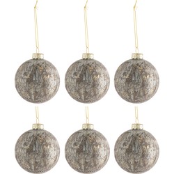 J-line - Doos Van 6 Kerstballen Fluweel Glas Antiek Grijs/goud Small - 8x8x8cm