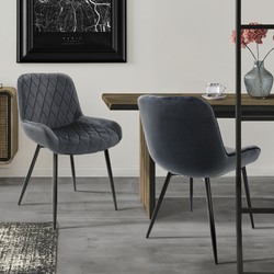 Eetkamerstoel set van 2 diamond quilting antraciet fluwelen bekleding met metalen poten & hoge rugleuning incl. montagemateriaal ML-Design