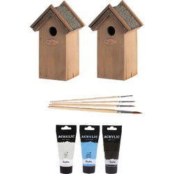 2x Houten vogelhuisje/nestkastje 22 cm - zwart/wit/lichtblauw DHZ schilderen pakket - Vogelhuisjes