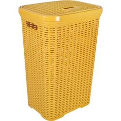 Hega Hogar Wasmand met deksel Rotan - okergeel - kunststof - 60L - 34 x 43 x 62 cm - Wasmanden