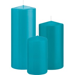 Stompkaarsen set van 3x stuks turquoise blauw 12-15-20 cm - Stompkaarsen