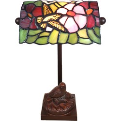 LumiLamp Tiffany Tafellamp  15x15x33 cm  Groen Roze Glas Vogel Tiffany Bureaulamp