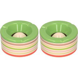 Set van 2x stuks terras asbakken/stormasbakken rond keramiek 14 x 7,5 cm groen met streep - Asbakken