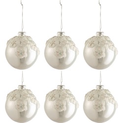 J-line - Doos Van 6 Kerstballen Bloemen Glas Blinkend Zilver Small - 8x8x8cm