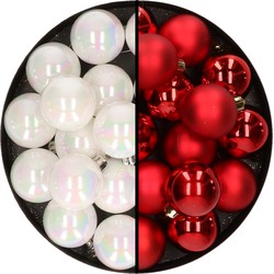 32x stuks kunststof kerstballen mix van parelmoer wit en rood 4 cm - Kerstbal