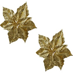 2x stuks decoratie bloemen kerstster goud glitter op clip 23 cm - Kunstbloemen