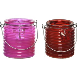 Citronella kaars - 2x - in windlicht - roze en rood - 20 branduren - citrusgeur - geurkaarsen