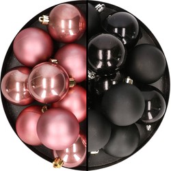 24x stuks kunststof kerstballen mix van zwart en oudroze 6 cm - Kerstbal