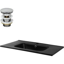 Wastafel incl. zilveren kabelwaste met overloop 81x46x16,5 cm zwart keramiek ML design