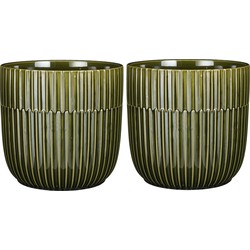 2x Stuks Plantenpot/bloempot keramiek glans donkergroen stripes patroon - D19/H18 cm - Plantenpotten