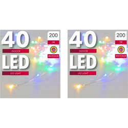 Set van 2x stuks verlichting lichtdraad zilver 40 gekleurde lampjes op batterijen 200 cm - Lichtsnoeren