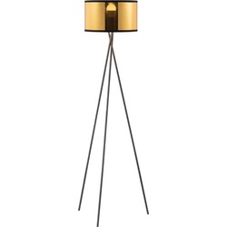 Zwarte Metalen Staande lamp met Gouden PVC Lampenkap - Moderne vloerlamp - 53/53/138 cm - Inclusief LED E27 Lichtbron 4W 806Lm - voor Woonkamer en Slaapkamer - Met Voetschakelaar