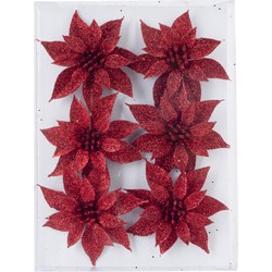 6x stuks decoratie bloemen rozen rood glitter op ijzerdraad 8 cm - Kunstbloemen