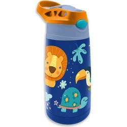 Jungle Kids - Into the Jungle drinkfles/drinkbeker/bidon met drinktuitje - blauw - RVS - 400 ml - Schoolbekers