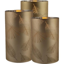 3x stuks luxe led kaarsen in goud bladeren glas H10 cm, H12,5 cm en H15cm - LED kaarsen