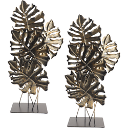 MISOU Ornament op Voet - voor Binnen - op Standaard - 2 stuks - Vensterbank Decoratie - Monstera - Goud - 57cm - Metaal