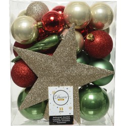 Decoris kerstballen - 34-dlg - champagne/rood/groen - kunststof - Kerstbal