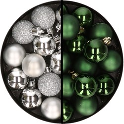 36x stuks kunststof kerstballen zilver en donkergroen 3 en 4 cm - Kerstbal